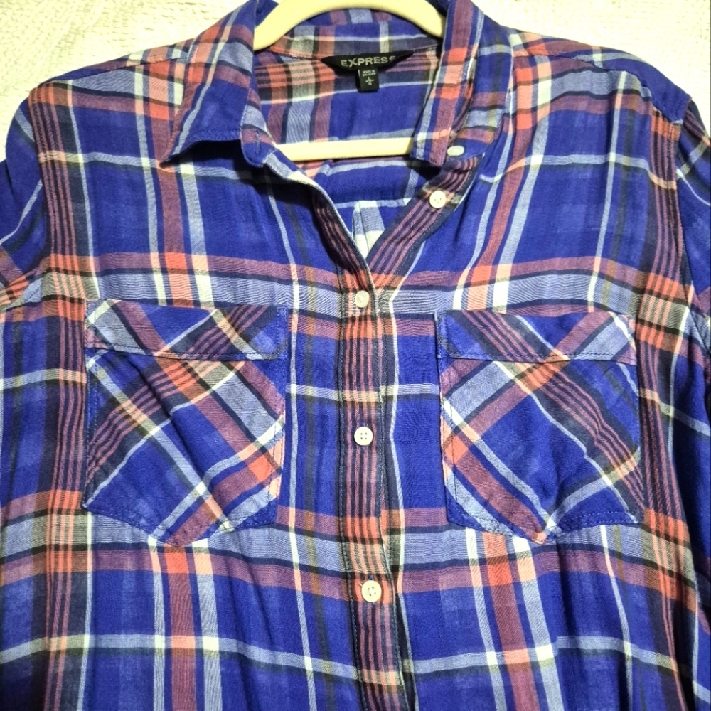 EXPRESS.. Blue and Pink Plaid TUNIC-SHIRT...SIZE:L - Picture 3 of 11